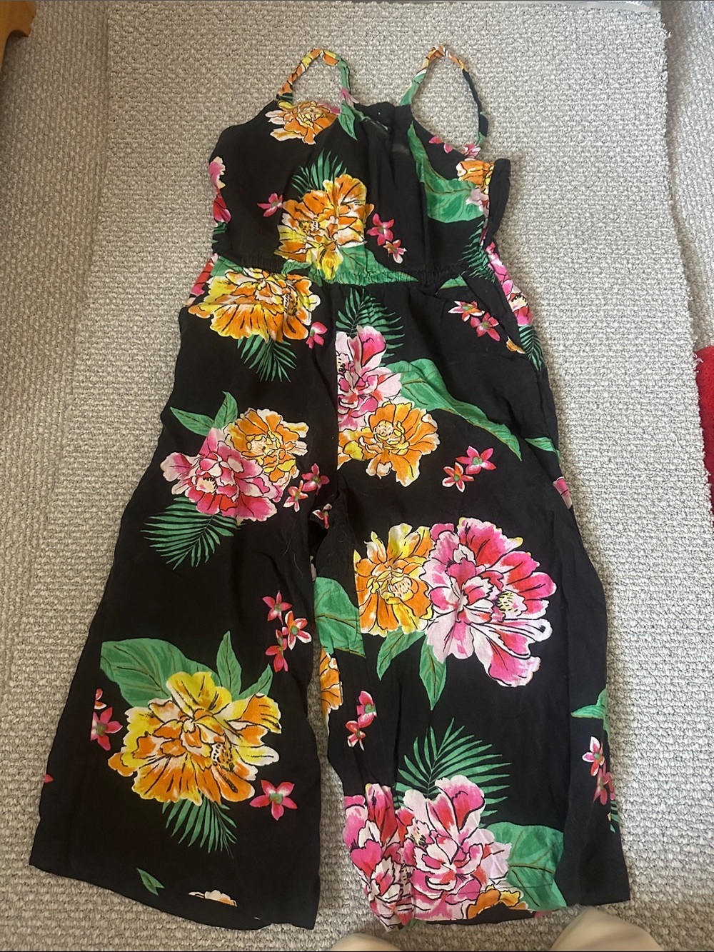 Old Navy Black Floral Jumpsuit with Pink and Yellow Blooms